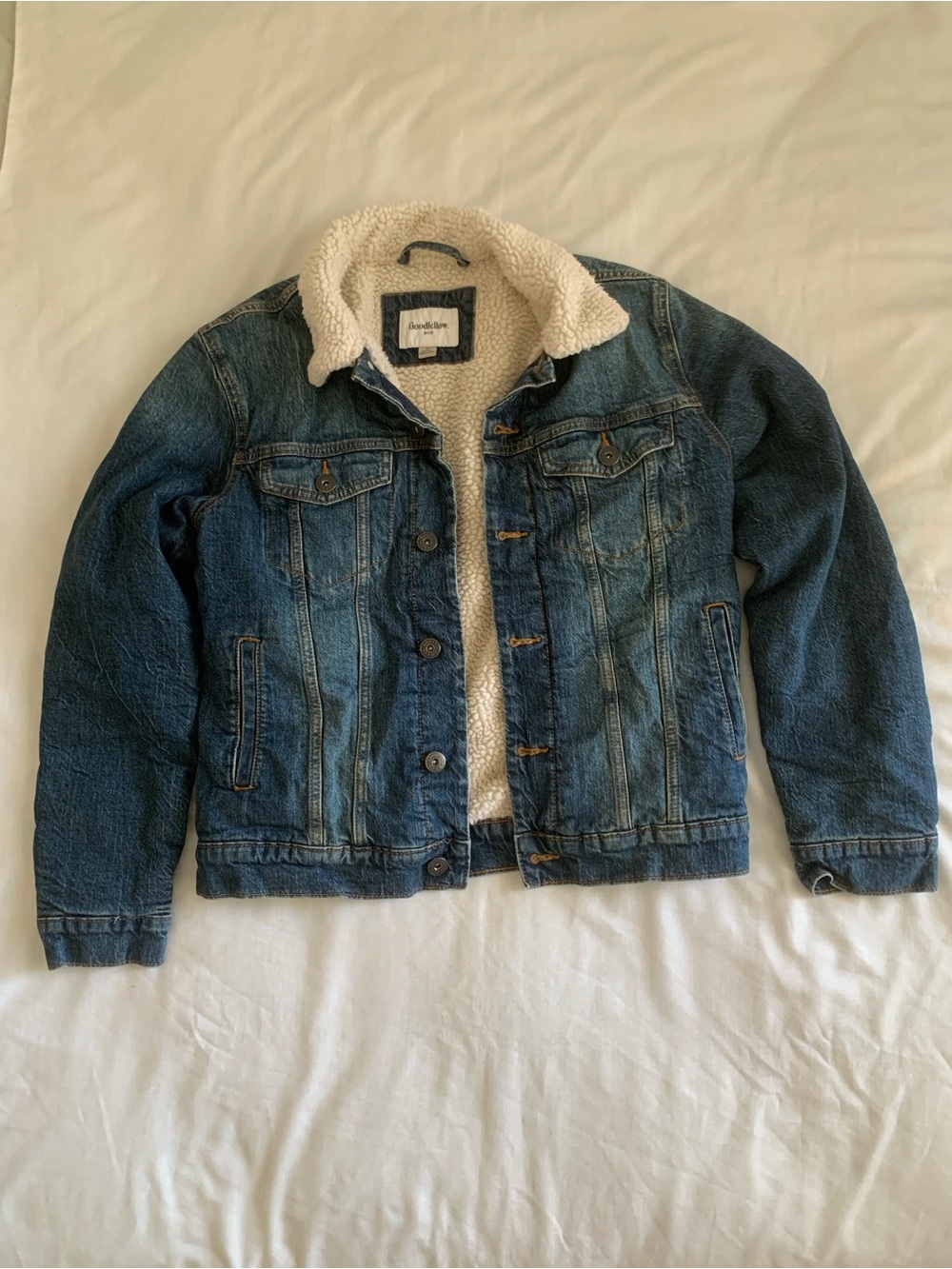 Goodfellow and Co Faux Shearling Lined Denim Trucker Jacket Blue EUC Men’s Small